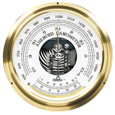 A barometer gauge, with inHg (inner numbers) and hectopascals (hPa)