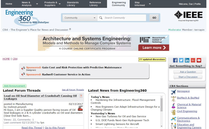CR4 is an online engineering community where people can post questions and discussion about engineering topics.