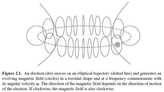 Figure 2.1. An electron (dot) moves on an elliptical trajectory (dotted line) and generates an evolving magnetic field (circles) in a toroidal shape and at a frequency commensurate with its angular velocity _. The direction of the magnetic field depends on the direction of motion of the electron. If clockwise, the magnetic field is also clockwise.