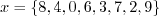 $x = \{8, 4, 0, 6, 3, 7, 2, 9\}$