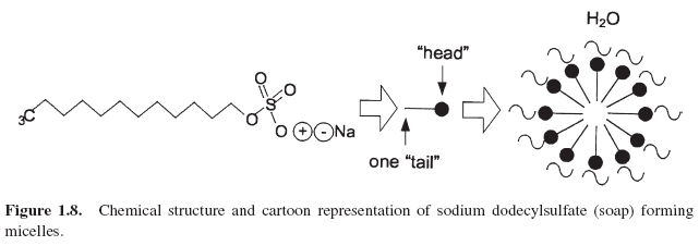 Figure 1.8. Chemical structure and cartoon representation of sodium dodecylsulfate (soap) forming micelles.