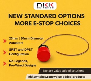 3 new standard E-Stop configurations w/wire leads from NKK Switches